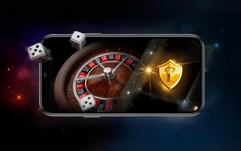 "babu88 বাজি-Roulette wheel or dice mid-roll symbolizing risk, alongside a smartphone with padlock or shield symbolizing security."