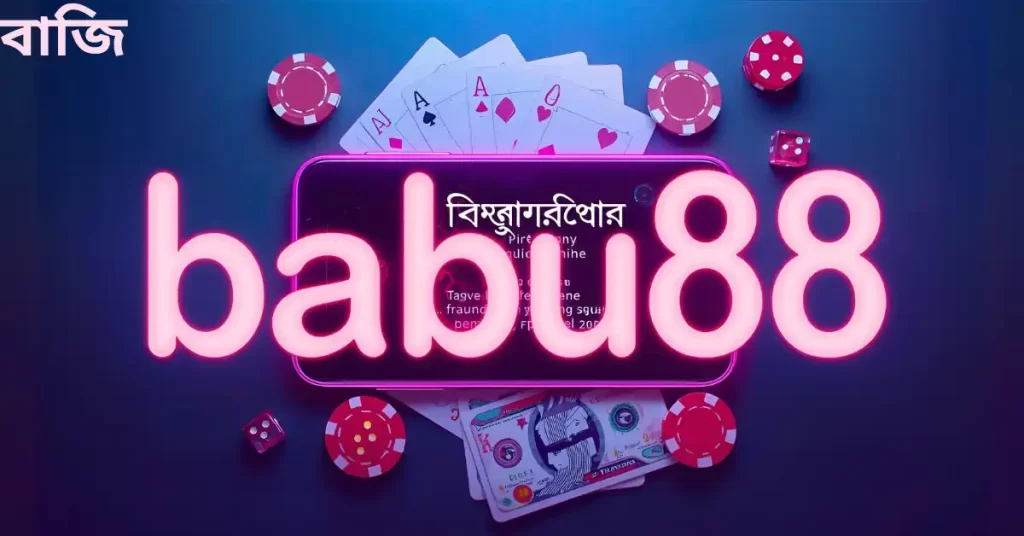 "Cards, chips, dice, and money displayed on a smartphone with a large overlay text ‘babu88 বাজি’."