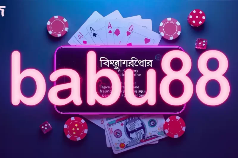 "Cards, chips, dice, and money displayed on a smartphone with a large overlay text ‘babu88 বাজি’."