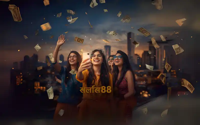 "Young people celebrating with a smartphone in front of Dhaka city background, with confetti, glowing screen, money, and casino cues. Overlay text ‘babu88 বাজি’."