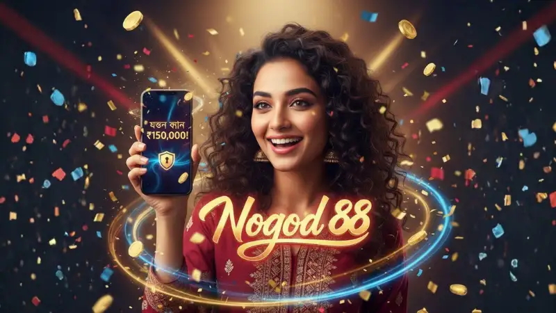 Close-up of a smartphone showing “Congratulations — You Won ৳250,000!” with a secure payout badge, glowing light trails, and the nogod 88 logo in the background.