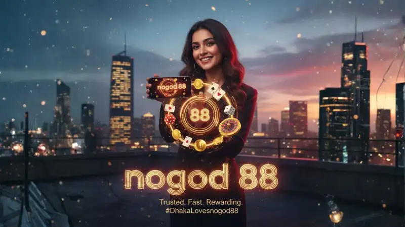 Bangladeshi woman laughing and raising her phone in joy, surrounded by floating golden tokens, light streaks, and a glowing nogod 88 logo.