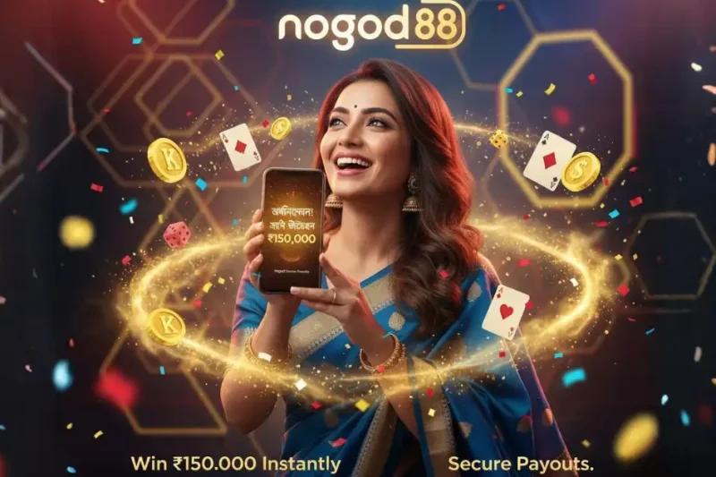 Bangladeshi woman smiling and celebrating while looking at her phone, surrounded by glowing lights, golden tokens, and a bright “nogod 88” logo.