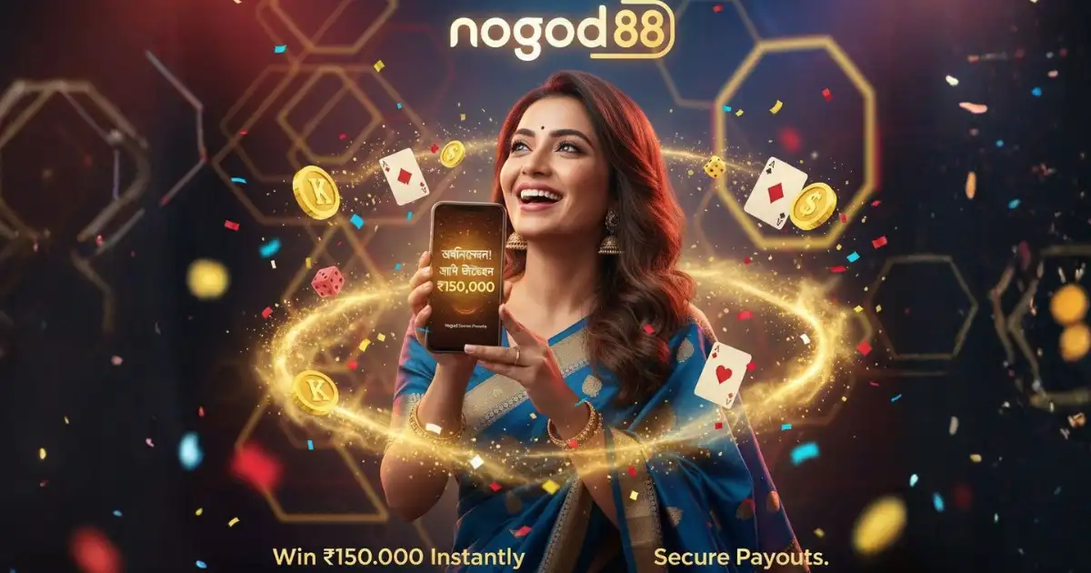 Bangladeshi woman smiling and celebrating while looking at her phone, surrounded by glowing lights, golden tokens, and a bright “nogod 88” logo.